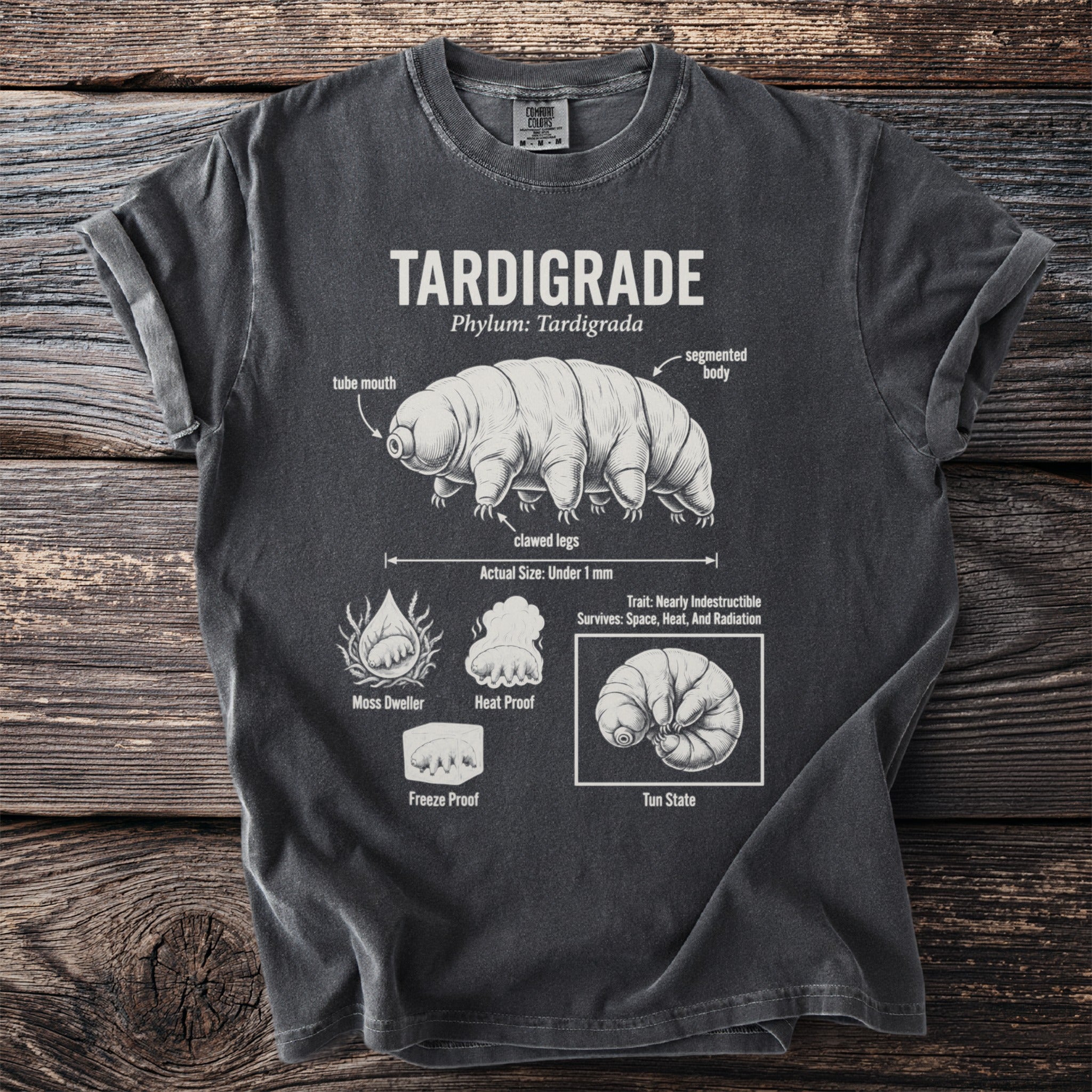 T-shirt with a diagram of a tardigrade detailing its features and resilience.