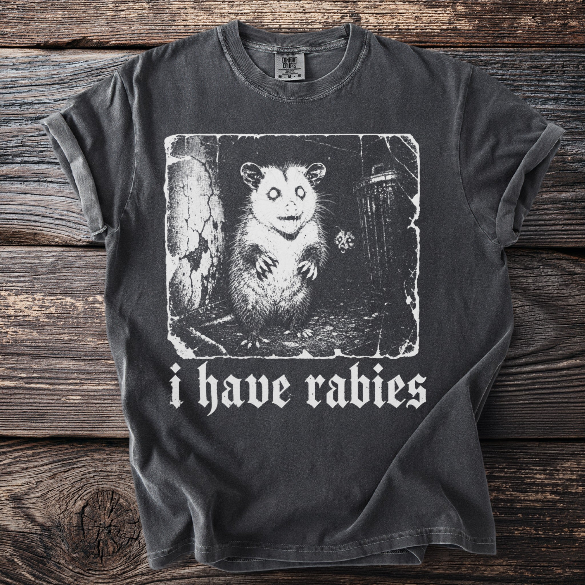 Dark grey t-shirt with a distressed graphic of an opossum and the text "i have rabies".