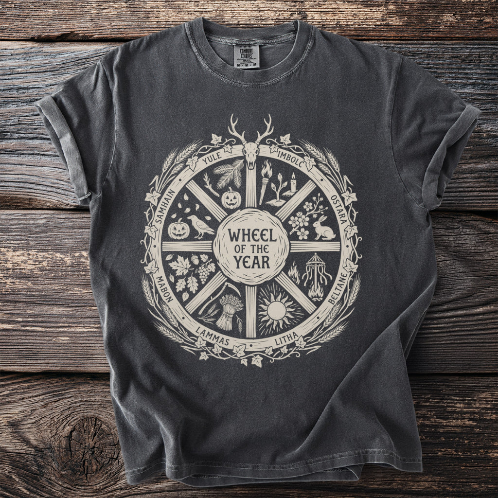 Dark grey t-shirt with a cream "Wheel of the Year" graphic.