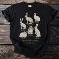 Black t-shirt with scientific illustrations of six rabbit breeds under "The Burrow Cabinet".