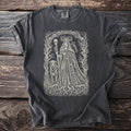 Dark gray t-shirt showing Hel as the Bone Queen with a skull staff, hound, and raven.