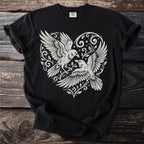 Black t-shirt with white graphic of two ravens within a heart design.