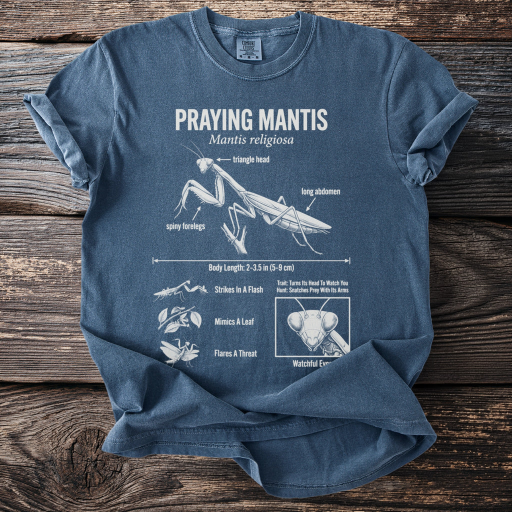 Blue t-shirt with "Praying Mantis" graphic and anatomical labels.