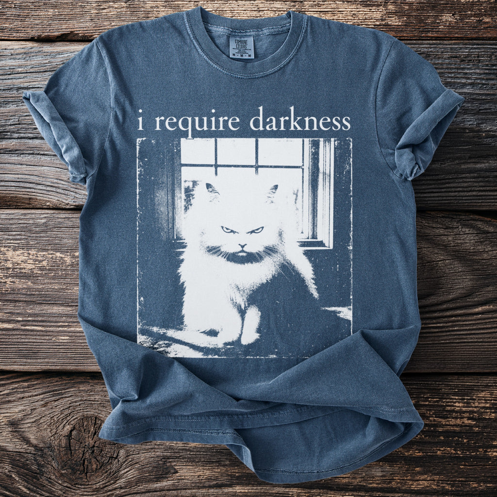 Blue t-shirt with distressed print of an angry cat and text "i require darkness".