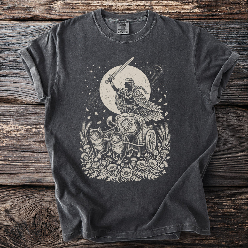 T-shirt with Viking goddess Freya in a chariot pulled by cats.