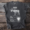T-shirt graphic of a Saiga antelope with scientific labels and illustrations.