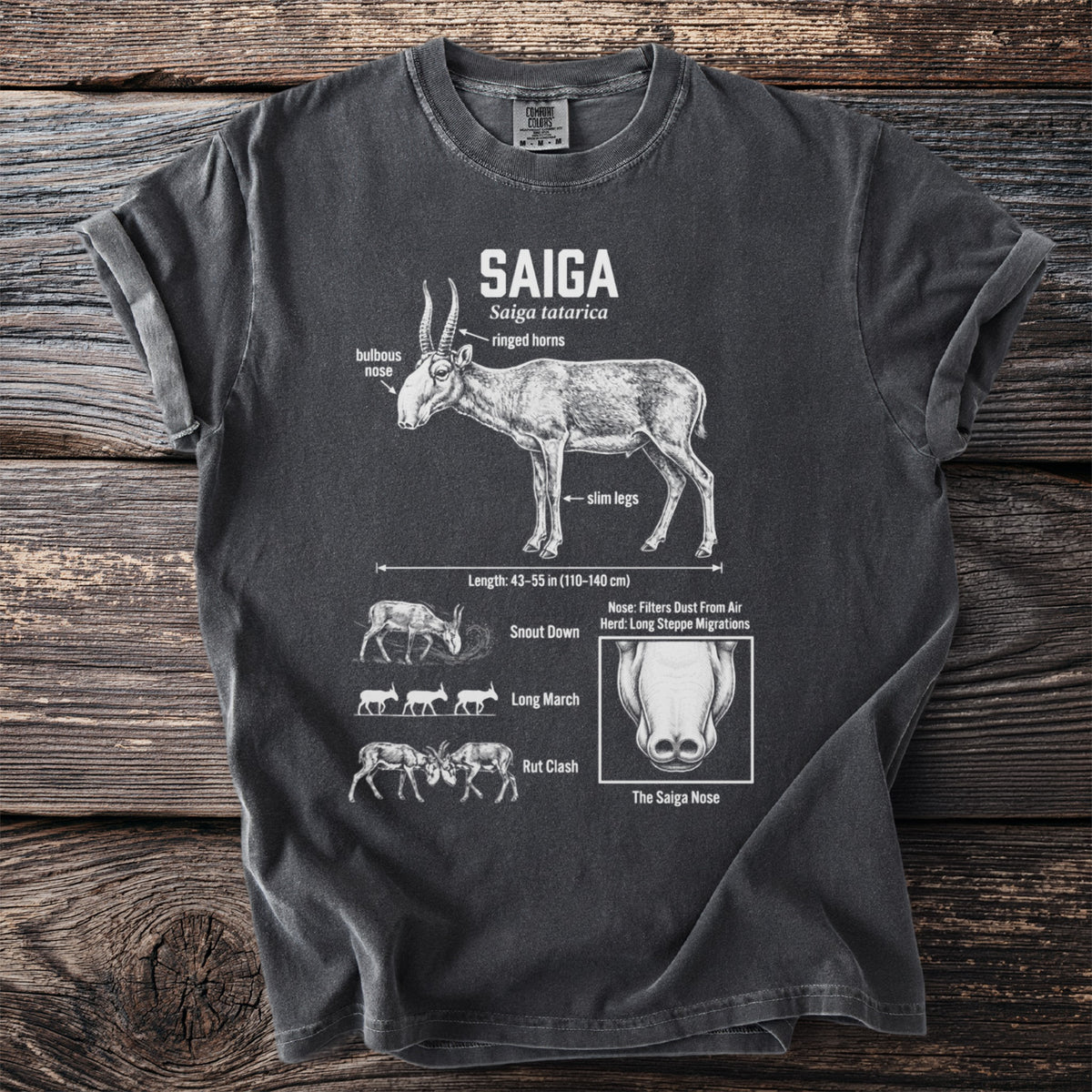 T-shirt graphic of a Saiga antelope with scientific labels and illustrations.