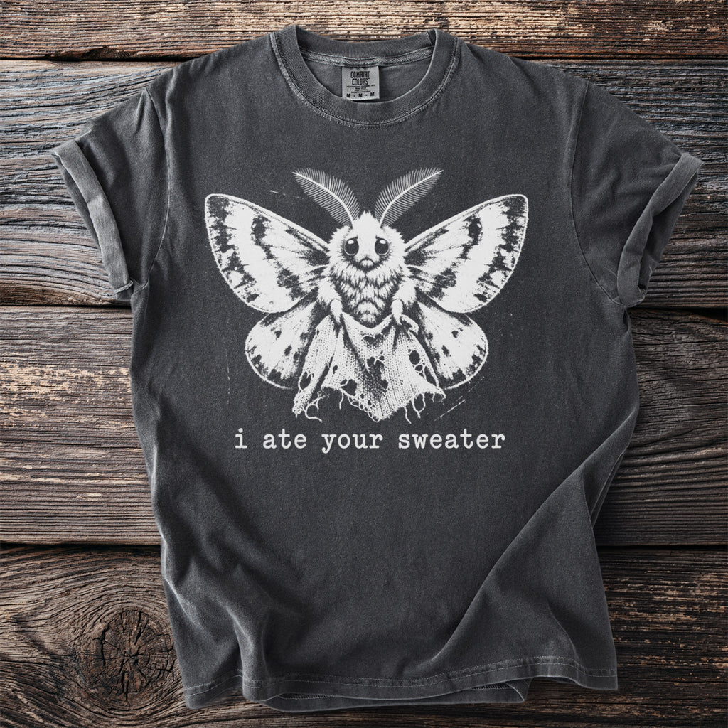 Charcoal t-shirt with a white moth graphic and the text "i ate your sweater".