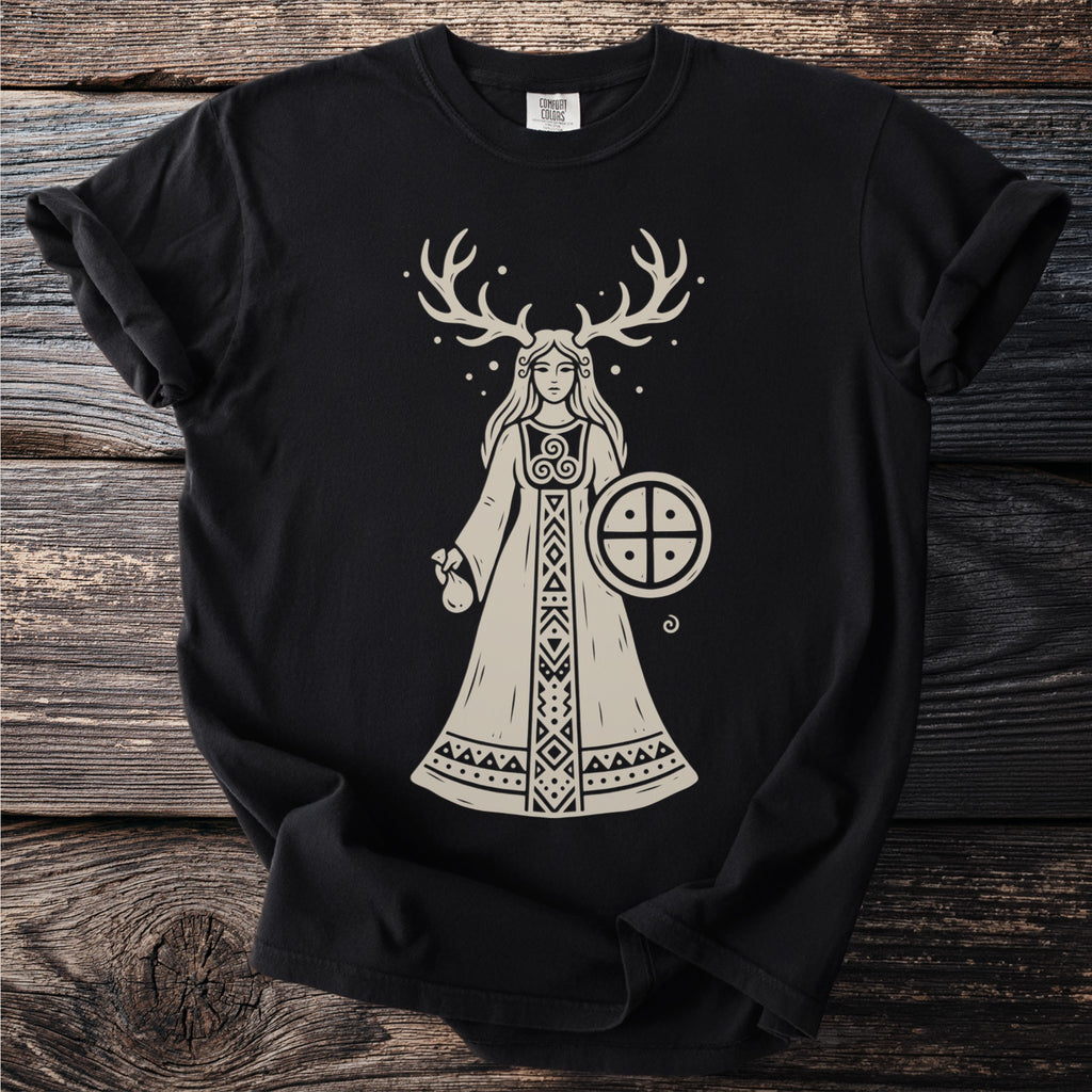 Black t-shirt with an illustration of a woman with antlers holding a shield and orb.