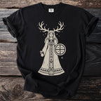 Black t-shirt with an illustration of a woman with antlers holding a shield and orb.