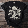 Black t-shirt with a cream-colored stylized tree and moon graphic.