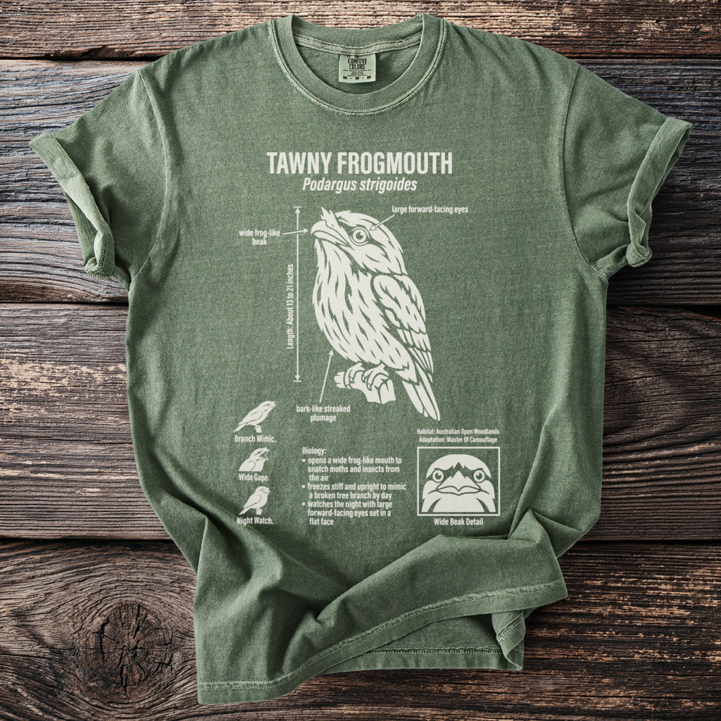 Green t-shirt with diagram of Tawny Frogmouth bird, illustrating beak, eyes, and plumage.