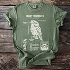 Green t-shirt with diagram of Tawny Frogmouth bird, illustrating beak, eyes, and plumage.