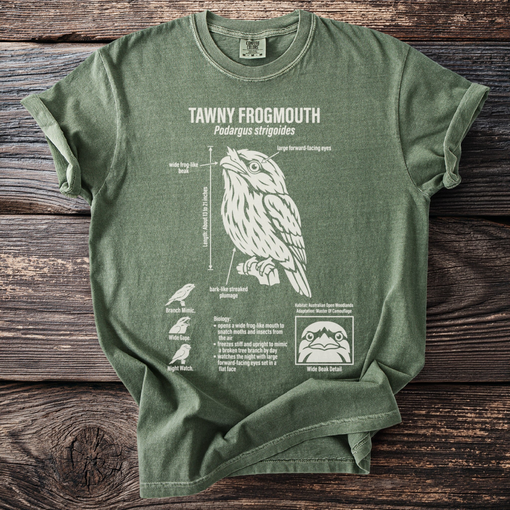 Green t-shirt with diagram of Tawny Frogmouth bird, illustrating beak, eyes, and plumage.