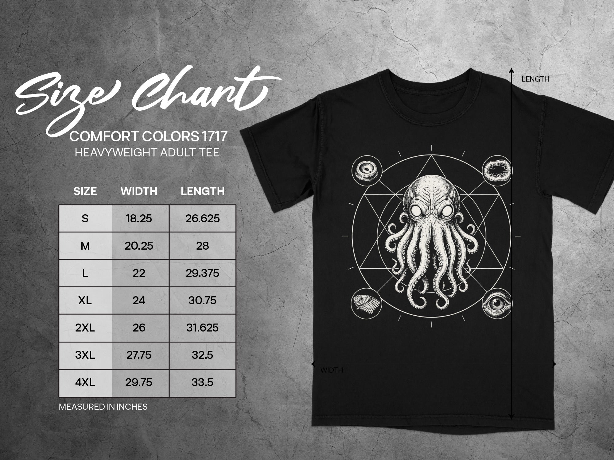 Comfort Colors 1717 heavyweight adult tee size chart with octopus graphic.