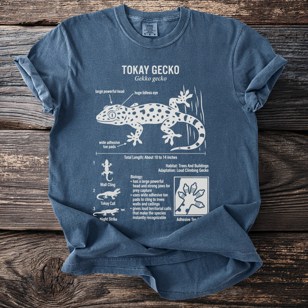 Tokay gecko diagram with text on a blue t-shirt.