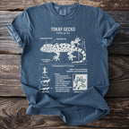 Tokay gecko diagram with text on a blue t-shirt.