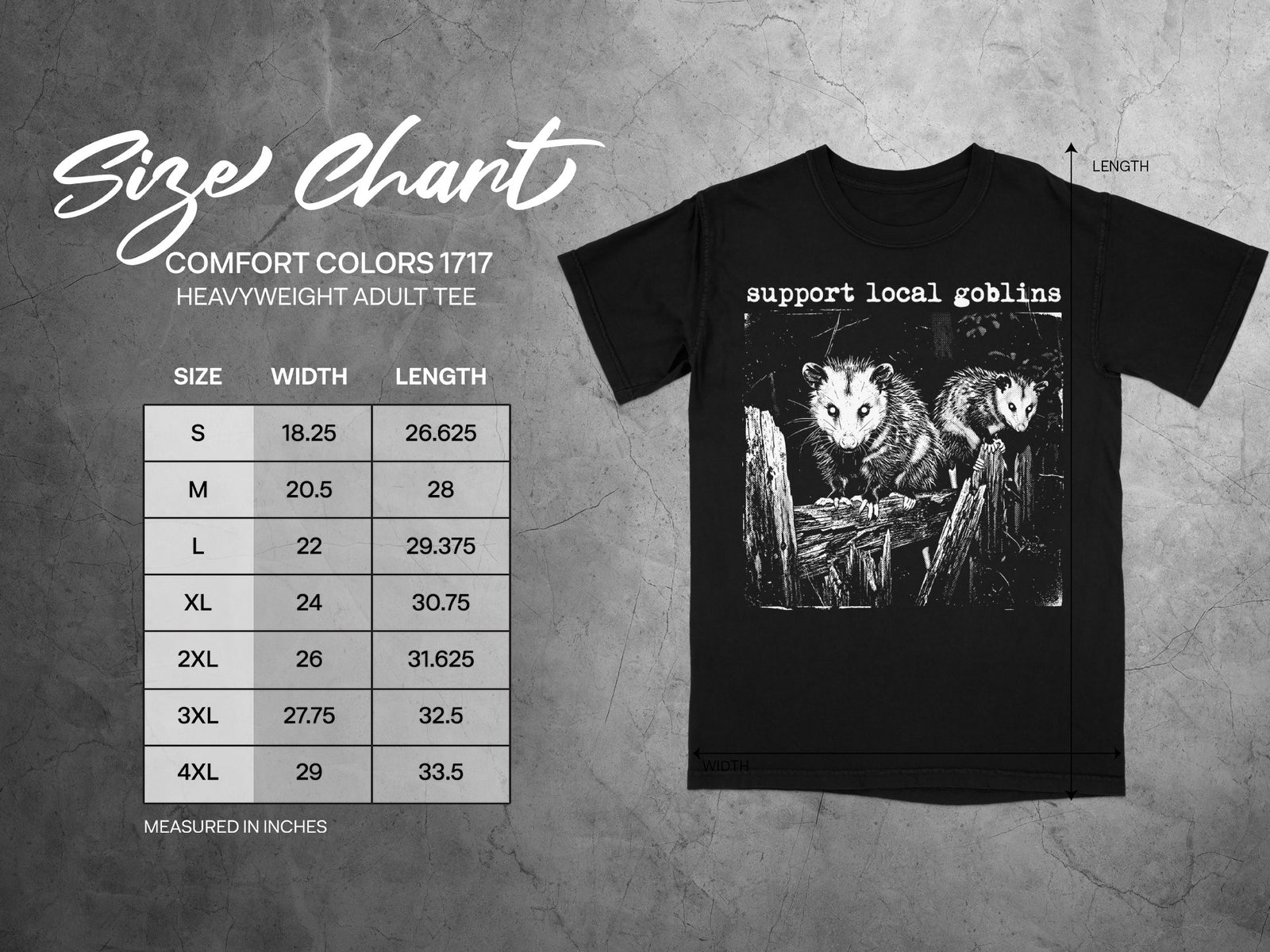 Size chart for Comfort Colors 1717 heavyweight adult tee with two possums and "support local goblins" text.