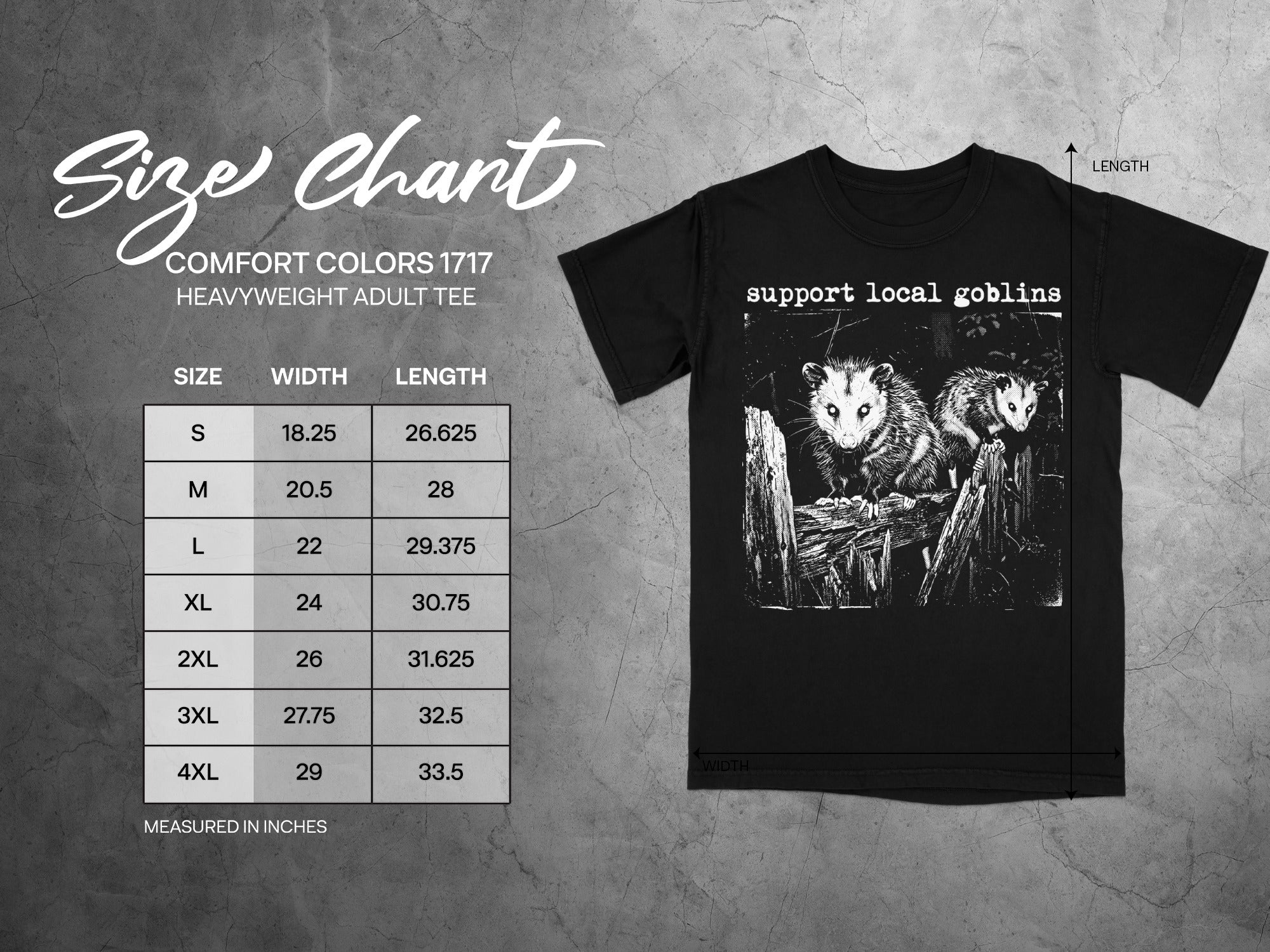 Size chart for Comfort Colors 1717 heavyweight adult tee with two possums and "support local goblins" text.
