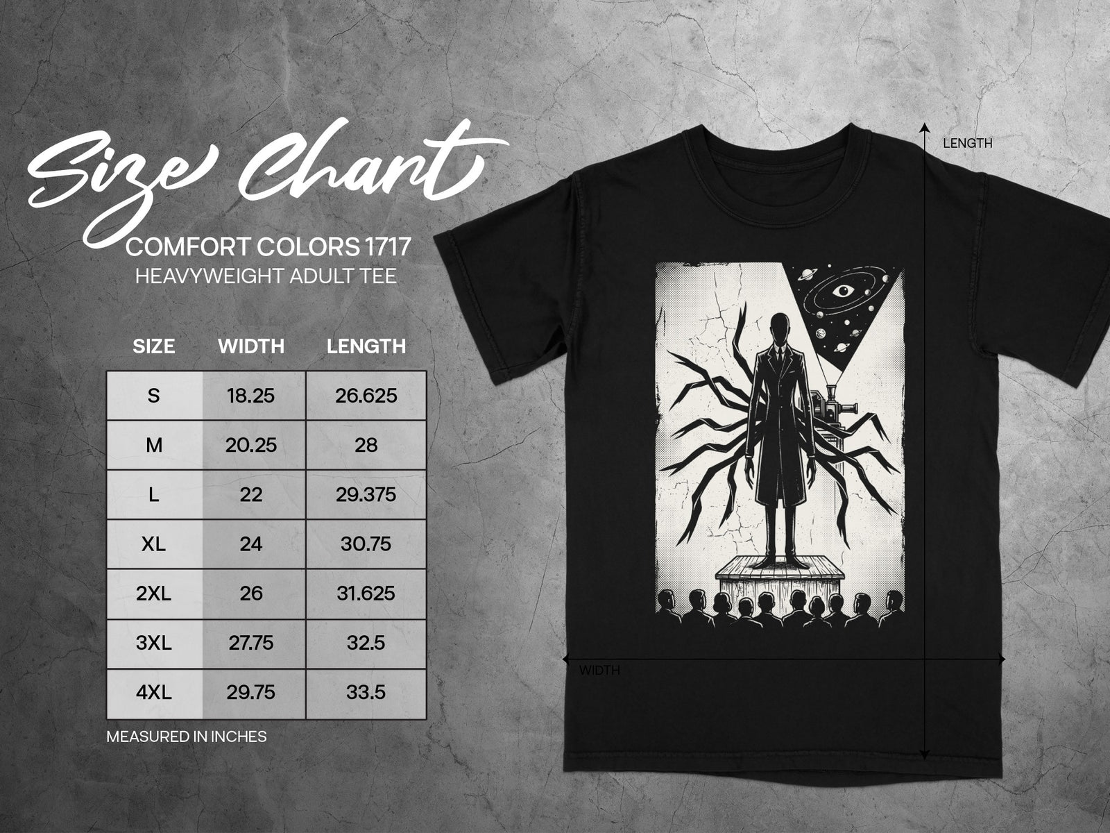 Size chart for Comfort Colors 1717 heavyweight adult tee with size, width, and length measurements.