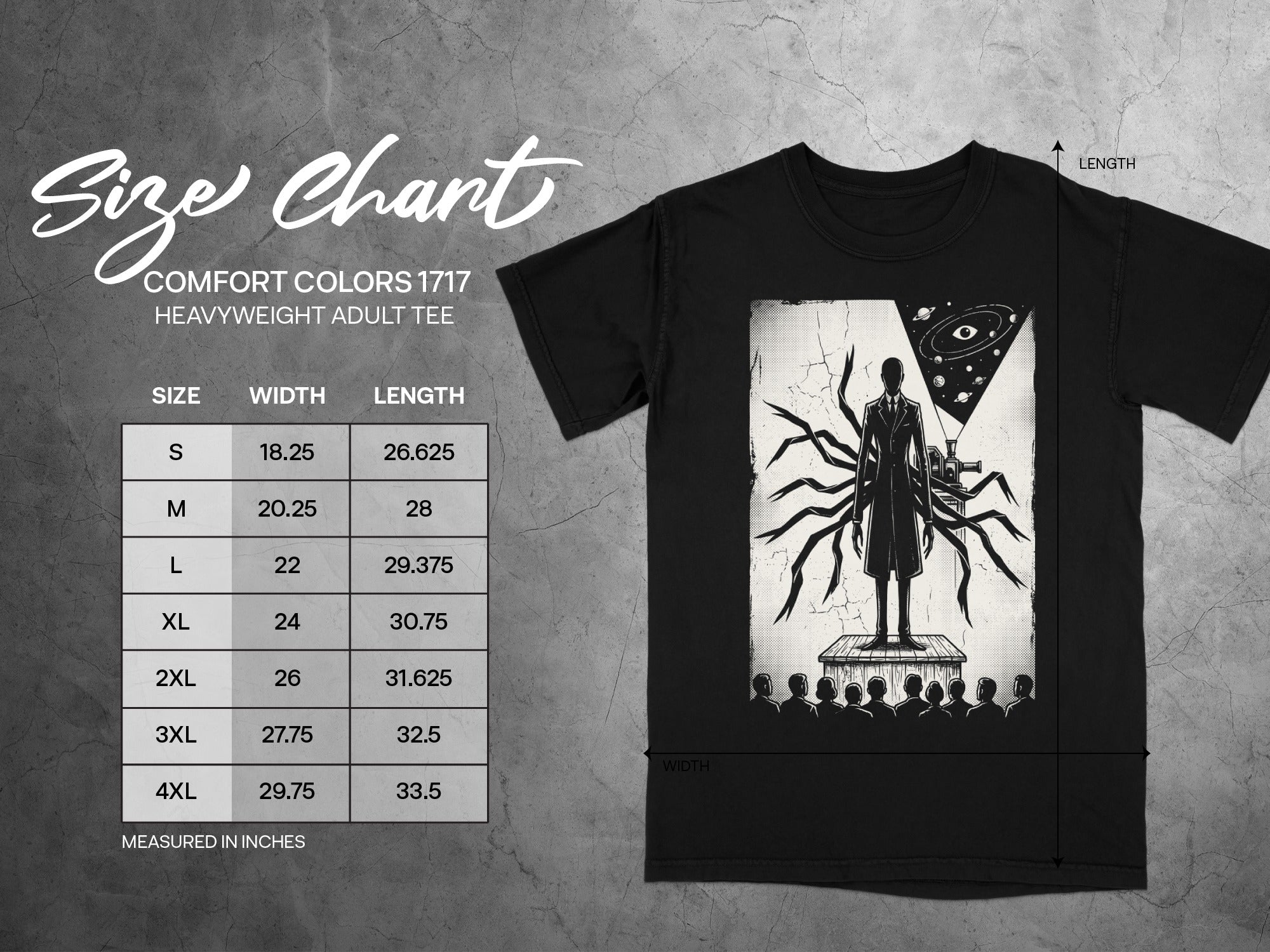 Size chart for Comfort Colors 1717 heavyweight adult tee with size, width, and length measurements.