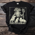 Black t-shirt with vintage-style print of a bearded man with tree branches and three foxes.
