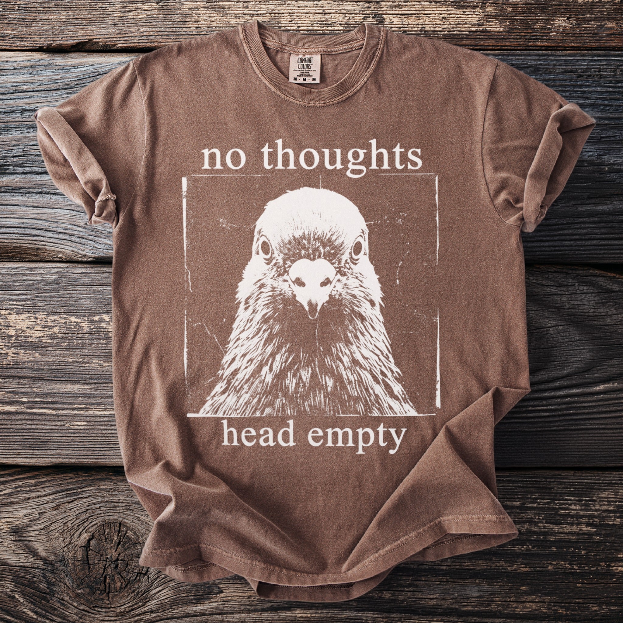 Brown t-shirt with white screen-print of a pigeon and text "no thoughts head empty".