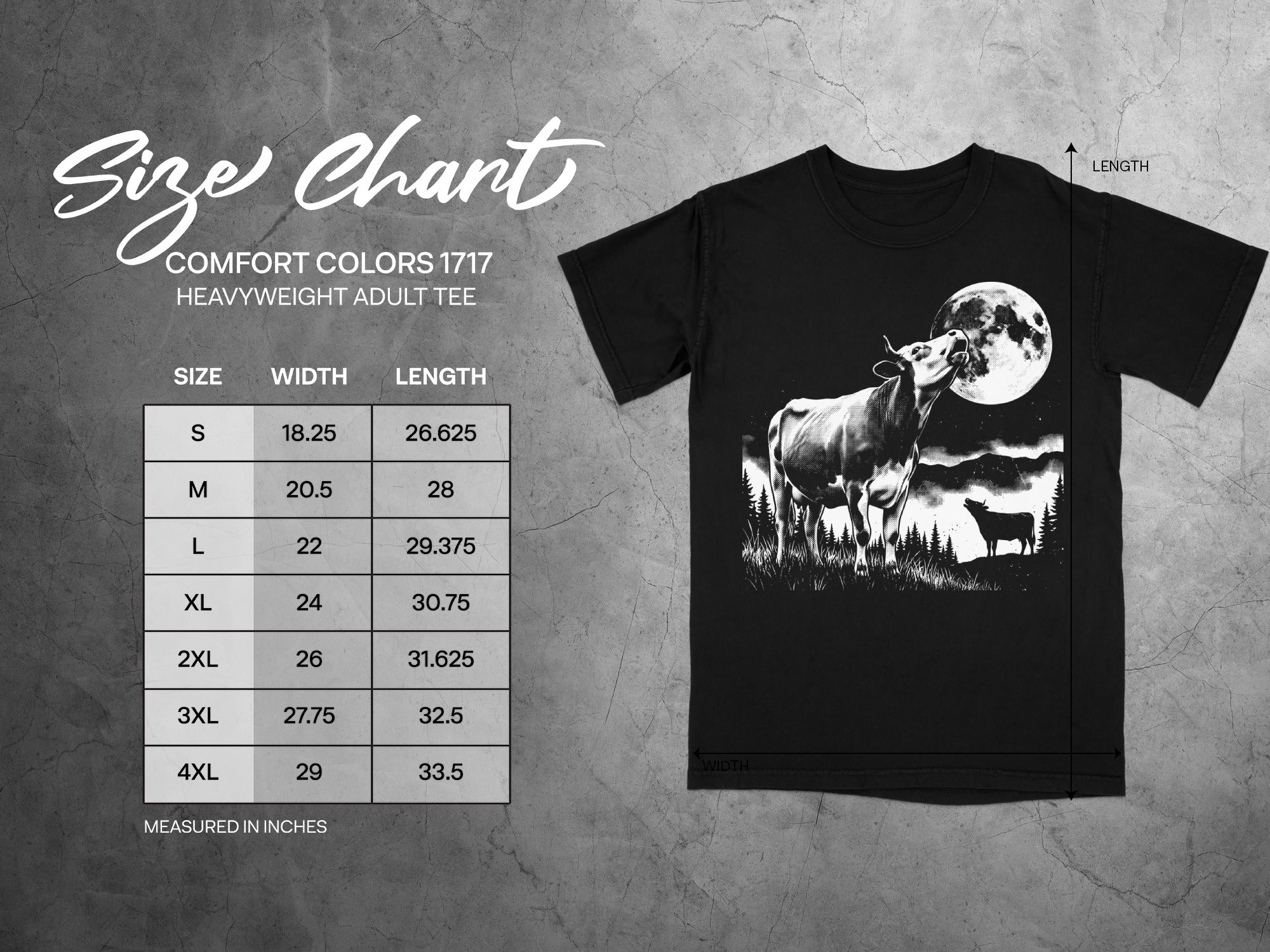 Comfort Colors 1717 heavyweight adult tee size chart with width and length measurements.