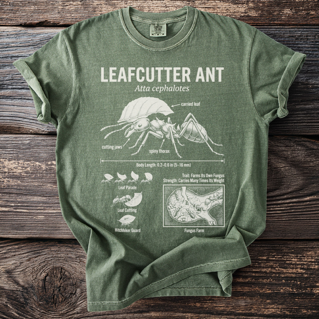 Green t-shirt with diagram of leafcutter ant, its anatomy, and fungus farm.