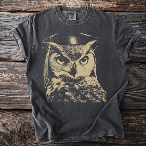 Grey t-shirt with a vintage print of an owl wearing a graduation cap.