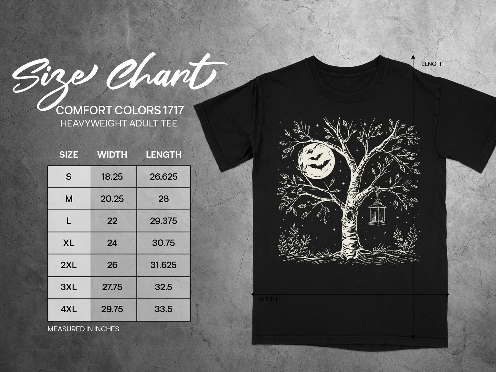 Comfort Colors 1717 heavyweight adult tee size chart with width and length measurements.