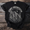 Jenny Greenteeth "english river hag folklore" graphic on a black t-shirt.