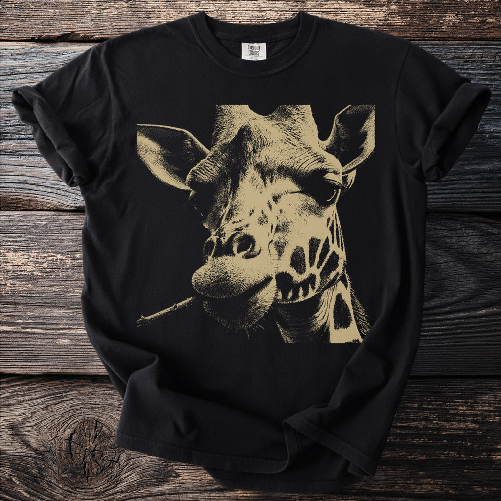 Black t-shirt with a close-up sepia-toned illustration of a giraffe's face.