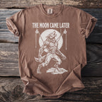 Brown t-shirt with a distressed graphic of a werewolf under a full moon.