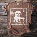 Brown t-shirt with a white graphic of a dog wearing sunglasses and smoking a cigarette next to a beer.