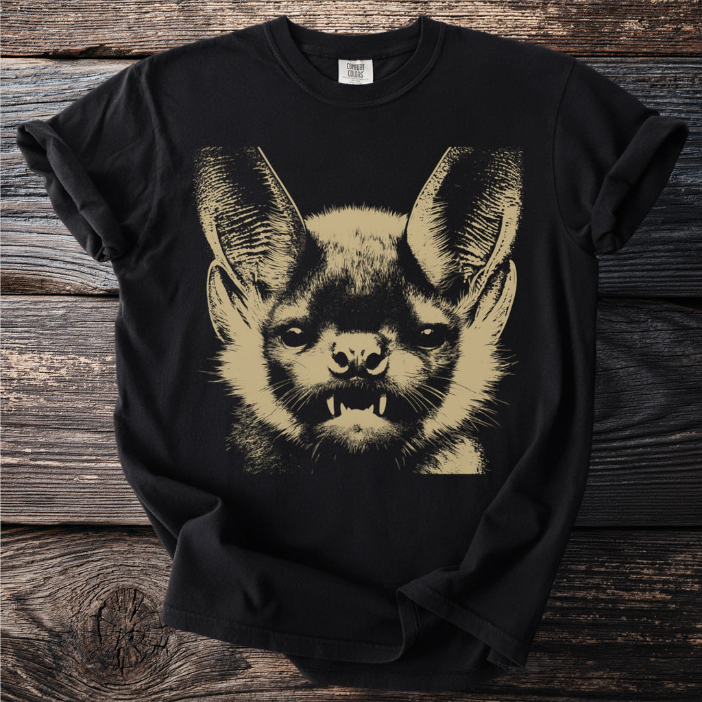 Black t-shirt with a tan screenprint of a bat's face.