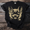 Black t-shirt with a tan screenprint of a bat's face.