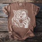 Brown t-shirt with a white graphic of a snarling werewolf head and hand.