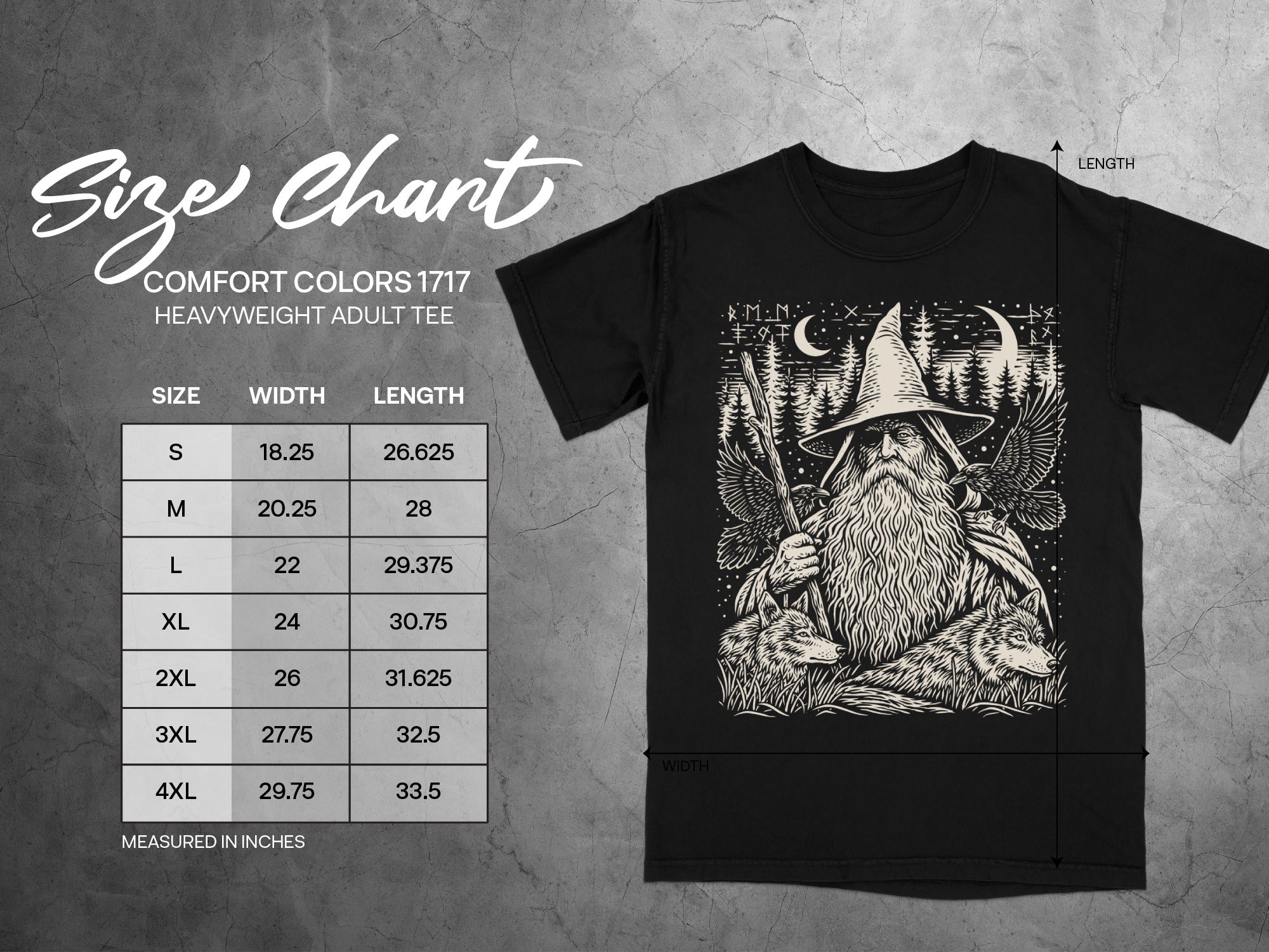 Comfort Colors 1717 heavyweight adult tee size chart with measurements.