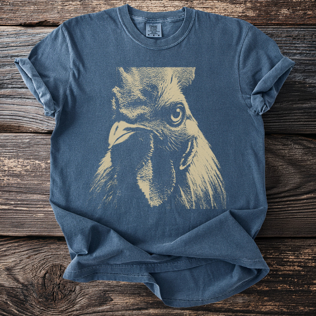 Blue t-shirt with beige distressed rooster graphic and Comfort Colors label.