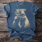 Blue t-shirt with beige distressed rooster graphic and Comfort Colors label.