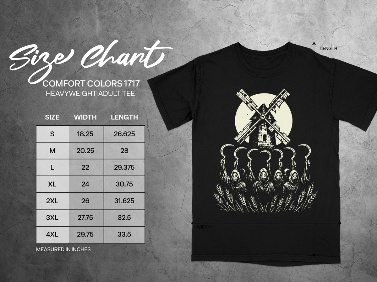 Comfort Colors 1717 heavyweight adult tee size chart with width and length measurements in inches.