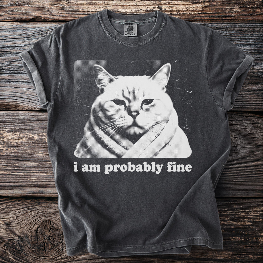 Charcoal t-shirt with a grumpy cat graphic and the text "i am probably fine".