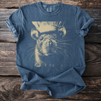 Blue t-shirt with a cream-colored sketch of a rat wearing a chef's hat