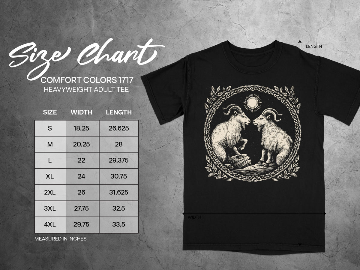 Comfort Colors 1717 heavyweight adult tee size chart with width and length measurements.