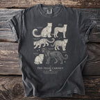 Dark grey t-shirt print featuring illustrations of various wild cats from "The Felid Cabinet."