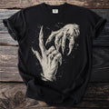 Black t-shirt with a graphic of two gnarled, clawed hands reaching towards each other.