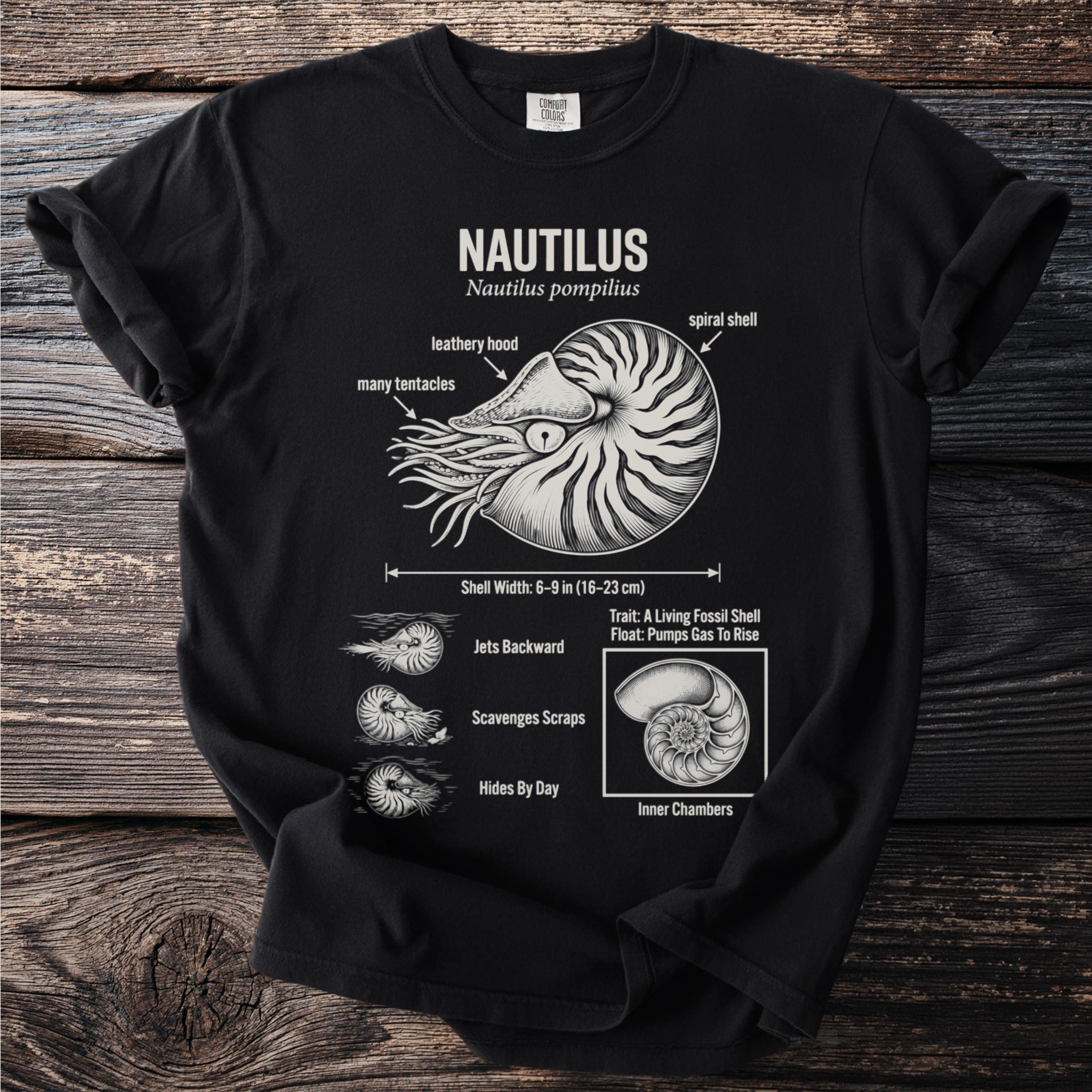 Black t-shirt with Nautilus pompilius anatomy diagram, labeled parts and behaviors.