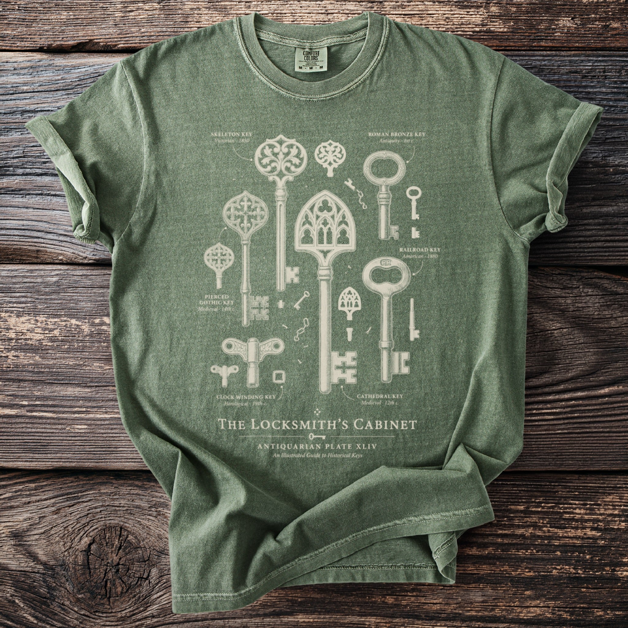 Green t-shirt with vintage key illustrations and text "The Locksmith's Cabinet".