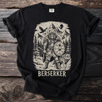 Black t-shirt with a Viking warrior illustration, a bear, a wolf, and mountains.
